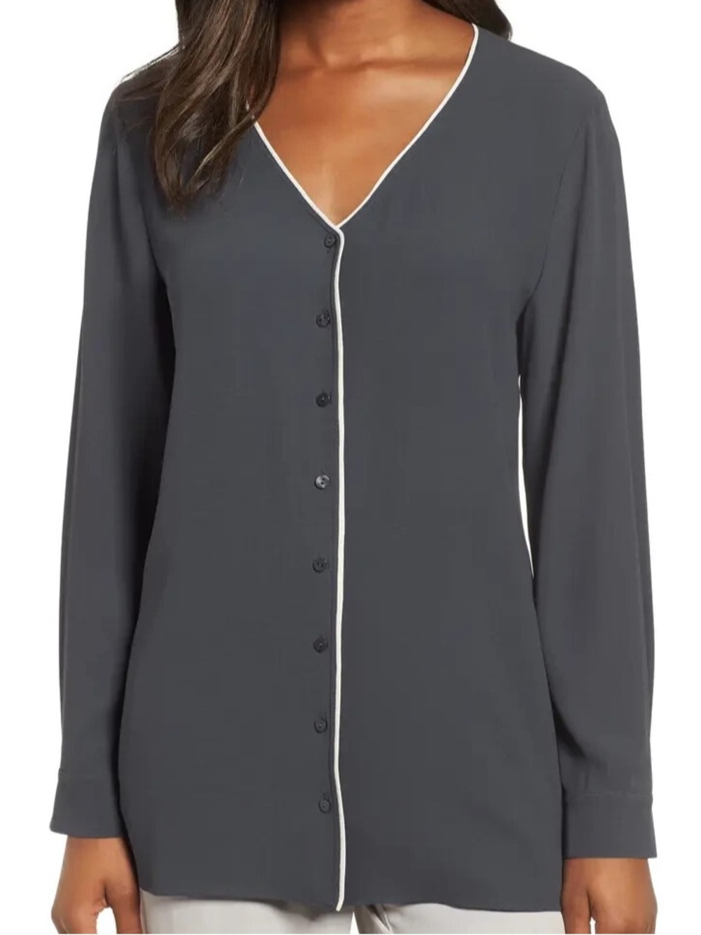 Eileen Fisher Charcoal Georgette Crepe V-Neck Button Top with White Piping XS